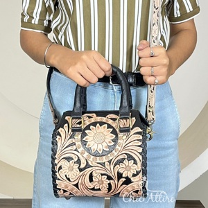 Bolsos de Mano de Cuero Vacuno con Diseño Floral Hechos a Mano para Mujer, Bolsos de Viaje con Cierre de Cremallera, Mini Bolso Speedy, Bolsos Cruzados Unisex - Product Image 1