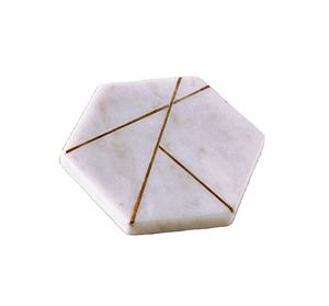 Hexa Brass Inlay White & <b>Gold</b> Marble Set of 4 Table Coaster Natural Wood and Marble Mango coaster Made in India - Product Image 1