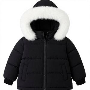 Veste matelassée noire à capuche avec garniture en fourrure blanche, fermeture éclair, coupe-vent, manteau d'hiver unisexe, couleur unie, coupe classique - Product Image 2