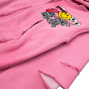 Survêtement rose et noir à capuche pour filles, manches longues, très décoré de strass, style décontracté et streetwear avec poches latérales, style automne - Product Image 6