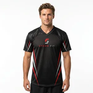 Maillot de football américain pour homme Storm Fit, col en V, manches courtes, noir, 100 % polyester, séchage rapide, imprimé par transfert thermique, maille athlétique - Product Image 2