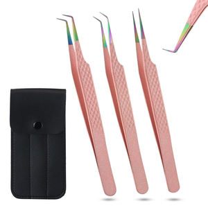 Kit de 3 pinces à épiler pour extensions de cils avec logo personnalisé, pinces à volume texturées roses avec étui en cuir PU pour salon de beauté - Product Image 1