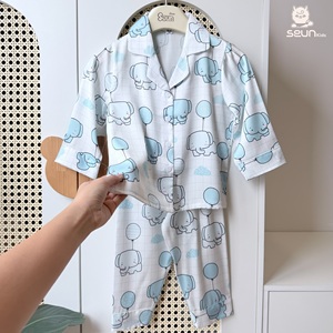 Ensemble de pyjama pour enfants SEUN, motif animalier, style coréen latin, manches longues, short/pantalon/jupe, vêtements de nuit d'été, longueur normale - Product Image 3