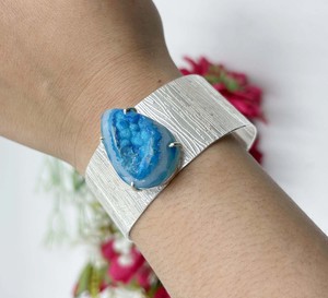 Natural Sky Blue Sugar Druzy Triangle <b>Stone</b> <b>Bracelet</b> Silver Plated Textured Wide Cuff Handmade Gemstone Wide <b>Bracelet</b> - Product Image 4
