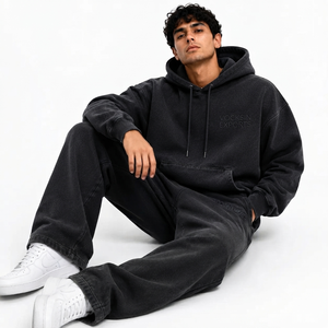 Ensemble de survêtement décontracté Vocksin en molleton épais noir délavé coupe droite pour homme avec pantalon large et sweat à capuche - Product Image 2