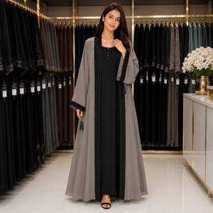 Luxury Two Tone Open Front Abaya | Taupe <b>Grey</b> Outer Robe with Black Inner Dress | Premium Nida Fabric Dubai Style Abaya - Product Image 3