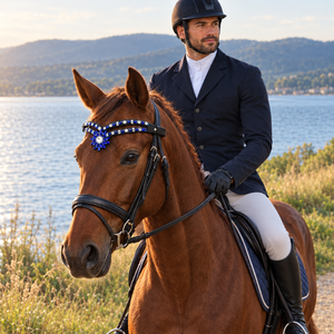 Diadema Distintiva para Caballo con Cristales Azules y Piedras Florales |   Cabezal de cuero premium y accesorios ecuestres para espectáculos de equitación - Product Image 4