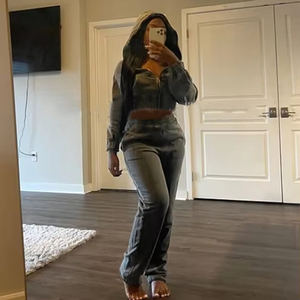 OEM Custom <b>Women</b> Vintage Two Piece Pants Set Cropped Zip Hoodie and Flare Pants Acid Wash Cotton <b>Jacket</b> Skinny Pants Tracksuits - Product Image 5