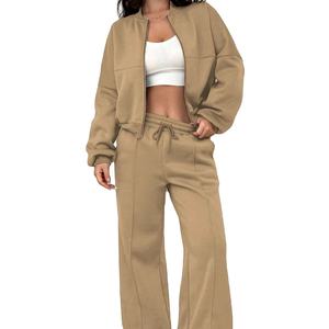 Conjunto Deportivo Beige para Mujer con Cierre, Manga Larga, Color Sólido, Sudadera Holgada Informal y Pantalones con Bolsillos Laterales para Otoño - Product Image 3