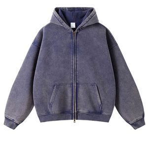 Sweat-shirt à capuche zippé surdimensionné pour homme, style streetwear, personnalisé, vintage, délavé à l'acide et au délavage à la pierre, en coton épais, uni et vieilli - Product Image 1