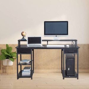 Black Wood Grain Particleboard Non-Woven Fabric Computer Desk 2 Power Sockets 140*50*86cm Multi-Layer Shelf Drawer 2022 Version - Product Image 1