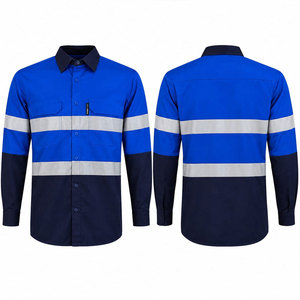 Camisa de Trabajo de Manga Larga para Hombre, Color Azul Marino, con Bloques de Color, Rayas Reflectantes, Bolsillo, Tejido de Poliéster y Algodón, Transpirable, Diseño Sólido - Product Image 1