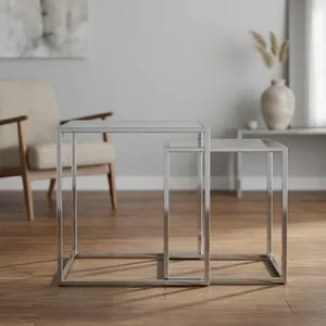 Modern Nesting <b>Side</b> <b>Tables</b> with <b>Glass</b> Top and Brass Metal Frame Living Room Furniture Decorative Accent <b>Table</b> - Product Image 4