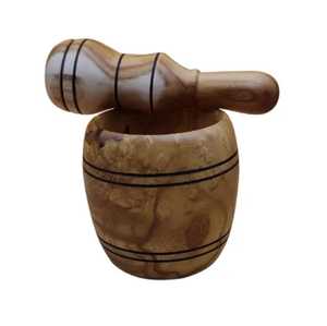 Shallow Round Wooden Mortar and Pestle Set Ergonomic Manual Herb Spice Grinder Garlic Crusher Kitchen Grinding Bowl - Product Image 1
