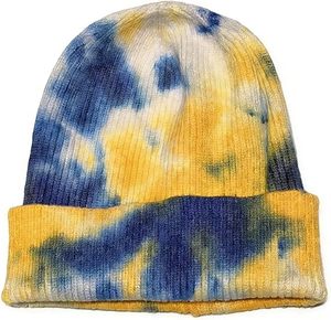 Gorro de Punto Unisex con Estampado Tie Dye, 100% Acrílico, Gorro de Invierno de Estilo Casual, Patrón Azul y Amarillo, Talla Adulto 56-58CM - Product Image 1