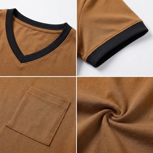 Women's Brown V-Neck Short Sleeve T-Shirt with Pocket Casual Organic Cotton Fleece Breathable <b>Top</b> Spring Summer Wear - Product Image 6