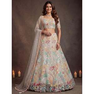 Ensemble Lehenga Choli en sequins blanc cassé brillant pour femmes grandes tailles - Product Image 1