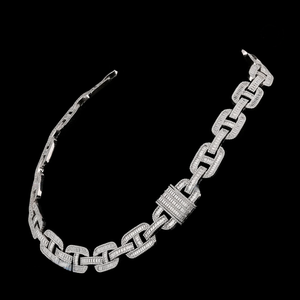 Rhodium Plated Zinc Alloy Miami Chain Necklace Baguette Diamond Channel Setting Unisex Party Jewelry Link Chain Style - Product Image 1