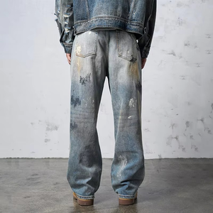 Jean pour homme 100% Coton Coupe Droite Taille Mi-Haute Style Hip Hop en Denim Ample avec Lavage Enzymatique Intensif Effet Délavé et Usé - Product Image 3