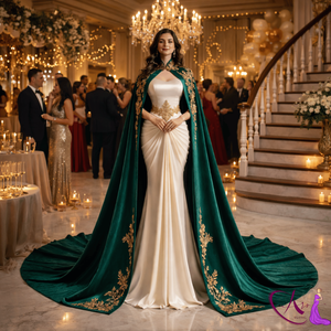 Elegante Vestido de Sirena Blanco con Capa Bordada en Verde Esmeralda |   Vestido de noche de diseñador de lujo con cuello alto para eventos de gala - Product Image 3