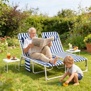 Set di 2 Sedie Pieghevoli Blu e Bianche per Prendere il Sole, Arredamento da Giardino per Esterni - Product Image 1