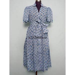 Robe longue maxi pour femme 100% coton imprimée, manches longues, col en V, robe longue maxi d'été, vêtements décontractés - Product Image 1