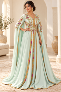 Caftan algérien long en velours prune Mishkat Couture avec manches cape fluides et ceinture brodée pour femme, idéal pour les fêtes d'hiver - Product Image 3