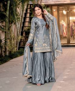 Conjunto de Salwar Kameez de Seda Fendi Pura con Estampado en Relieve, 3 Piezas, Color Gris, para Mujer, con Sharara y Dupatta, Corte Regular, Secado Rápido, para Fiestas y Bodas - Product Image 3