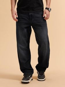 Jean ample pour homme 100 % coton, coupe décontractée, taille mi-haute, denim délavé foncé, écologique, style vintage, pantalon décontracté pour l'automne - Product Image 1