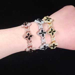 Luxury Black Flower Moissanite Iced 925 Sterling <b>Silver</b> Micro Pave Setting Clover Link Hip Hop <b>Bracelet</b> Women Fine - Product Image 4