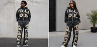 Conjunto de Sudadera con Capucha y Pantalones Oversize Personalizados con Lavado Ácido, Parches de Letras Desgastadas, Chándal Urbano para Hombre 100% Algodón