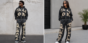 Ensemble survêtement streetwear homme personnalisé, coupe oversize, en coton 100%, avec sweat à capuche et pantalon de survêtement, effet délavé à l'acide et patchs lettres appliqués usés - Product Image 2