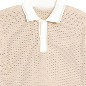 Polo de punto beige para hombre, personalizado, con cuello blanco en contraste, cierre de botones, textura hueca y transpirable, venta al por mayor - Product Image 6