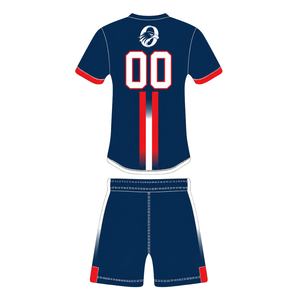 Ensemble de rugby bleu marine, rouge et blanc, maillot à manches courtes avec fermeture éclair sur le devant, short assorti, respirant, uniforme sportif pour l'entraînement en équipe - Product Image 2