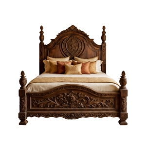Cama King Size de Madera Maciza Tallada a Mano, Estilo Clásico de Lujo, con Cabecera Alta y Detalles Florales - Product Image 1