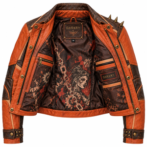 Chaqueta de cuero genuino naranja marrón para mujer, estilo motero, con estampado personalizado 'Mechanic Girl', bolsillos con solapa y detalles de púas, proveedor OEM - Product Image 5