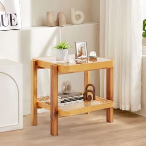 Tavolino Laterale a 2 Ripiani in Rattan con Piano in Vetro Temperato e Gambe in Legno di Acacia per Arredamento Soggiorno - Product Image 1