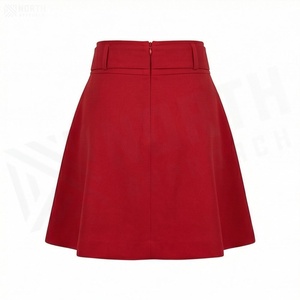 Women High Waist A-Line <b>Mini</b> <b>Skirt</b> With Belt Solid Color Woven Fabric <b>Red</b> - Product Image 2
