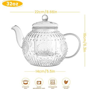 Vintage 32OZ/1000ml Borosilicate <b>Glass</b> <b>Teapot</b> with Removable <b>Infuser</b> Stovetop Safe Tea Kettle for Blooming Loose Leaf Tea - Product Image 3