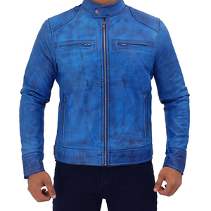 New Style Autumn <b>Warm</b> <b>Men's</b> Cow Skin <b>Jackets</b> Custom Blue Color Comfortable Stylish High Quality Full Sleeves Stand Hooded - Product Image 5