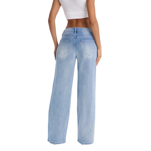 Jean en denim bleu clair pour femme, coupe large, taille mi-haute, décontracté, ample, respirant, en coton extensible, longueur complète, mode, pour tous les jours - Product Image 2