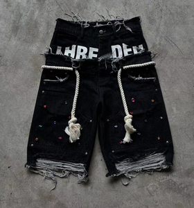 Nouveauté 2026 Short en jean pour homme, coupe ample vintage, effet vieilli, avec strass et cristaux imprimés personnalisés, écologique et à séchage rapide - Product Image 6