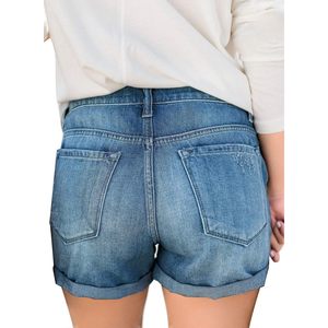 Pantalones cortos de mezclilla de cintura alta de estilo recto informal para mujer 2025, pantalones cortos vaqueros con dobladillo elástico de talla grande con botones desgastados - Product Image 3