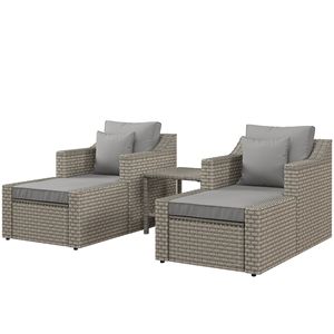 5-Piece Outdoor Patio Furniture Set PE Rattan Chair with Wood Grain <b>Plastic</b> Top Coffee <b>Table</b> Gray Two Pillows Included - Product Image 1