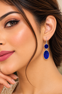 Pendientes Colgantes Ovalados y Redondos de Piedras Preciosas Azul Marino e Índigo al por Mayor con Engaste de Plata para Mujeres y Niñas - Product Image 2