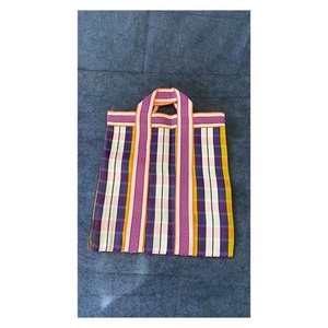 Bolsa de compras de nailon a rayas de plástico reciclado con logotipo personalizado, Asa azul beige, reutilizable, tejido de PP, estampado para viajes en la playa - Product Image 1