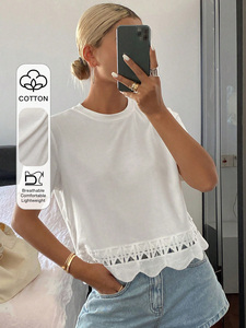 Y2K Fashion women's shirt Lace Hem Minimalist Knitted Cotton Top Chenille Embroidery Casual Tee Custom Logo Spring Summer Tshirt - Product Image 4