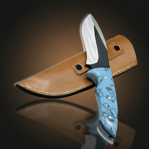 Couteau de camping à lame clip pointe en acier Damas, multifonctionnel, qualité industrielle, manche bleu, étui en cuir, modèle court - Product Image 1