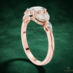Bague de fiançailles en moissanite taille ovale en or rose, avec grappe de marquises, style floral vintage, pour femme - Product Image 4