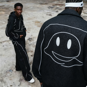 <b>Men's</b> <b>Black</b> White Stitch Tracksuit Hooded Full Zipper Loose Fit Streetwear Solid Pattern 100% Cotton Eco-Friendly Lightweight - Product Image 4
